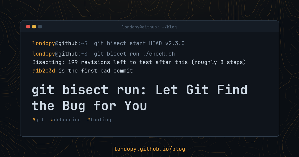 A terminal running git bisect run to find the first bad commit, above the post title