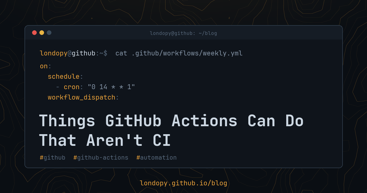 A terminal printing a scheduled GitHub Actions workflow, above the post title